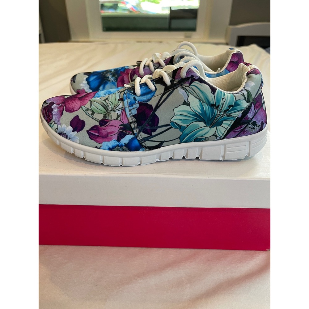 JustFab Vonny Floral Sneakers Blue Purple Lace Up Low Top Shoes Womens 5.5